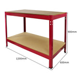 Établi de travail Q-Rax en acier rouge, dimensions 120 cm x 60 cm, avec surface en bois et design robuste pour un usage intensif