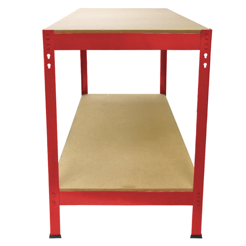 Établi de travail Q-Rax en acier rouge avec étagères en bois, design robuste et moderne, idéal pour l'atelier ou le garage
