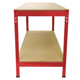 Établi de travail Q-Rax en acier rouge avec étagères en bois, design robuste et moderne, idéal pour l'atelier ou le garage