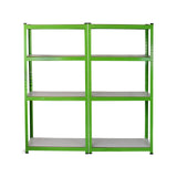 Rayonnages résistants à l'eau en métal vert vif avec étagères blanches, offrant une structure robuste et moderne pour le rangement