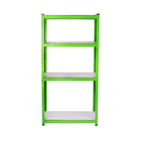 Rayonnage résistant à l'eau en métal vert vif avec quatre étagères blanches, idéal pour le rangement et l'organisation