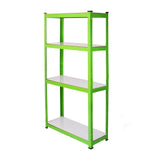 Rayonnage résistant à l'eau avec quatre étagères blanches et une structure métallique verte, idéal pour le rangement extérieur ou humide