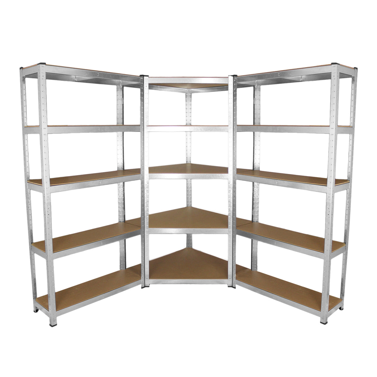 Rayonnages en acier galvanisé de 90 cm avec étagères en bois, conçus en forme d'angle pour un rangement optimal et robuste