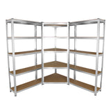 Rayonnages en acier galvanisé de 90 cm avec étagères en bois, conçus en forme d'angle pour un rangement optimal et robuste