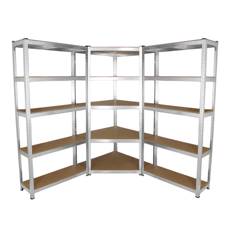 Rayonnages en acier galvanisé de 90 cm avec étagères en bois, conçus en forme d'angle pour un rangement optimal et robuste