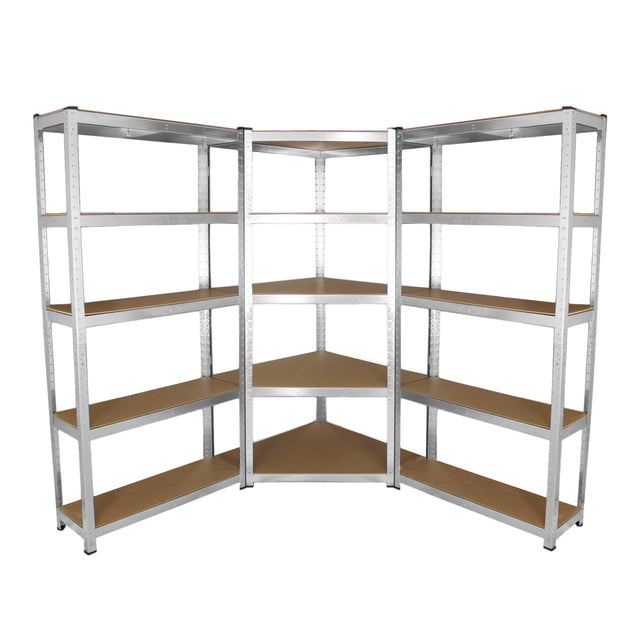 Rayonnages en acier galvanisé de 90 cm avec étagères en bois, conçus en forme d'angle pour un rangement optimal et robuste