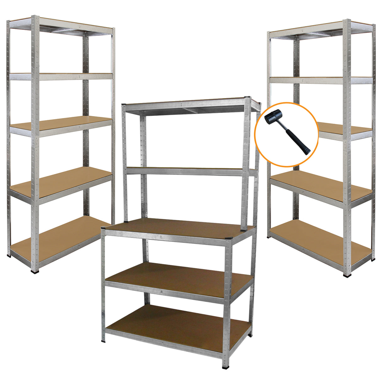 Rayonnages en acier galvanisé de 90 cm avec étagères en bois, offrant une structure robuste et un espace de rangement pratique