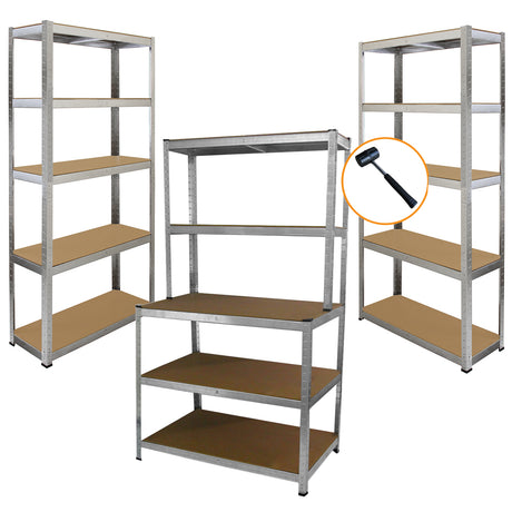 Rayonnages en acier galvanisé de 90 cm avec étagères en bois, offrant une structure robuste et un espace de rangement pratique
