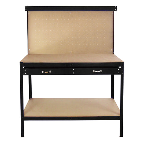 Établi de travail en acier noir avec tiroir, surface en bois clair, panneau perforé pour outils, design robuste et fonctionnel