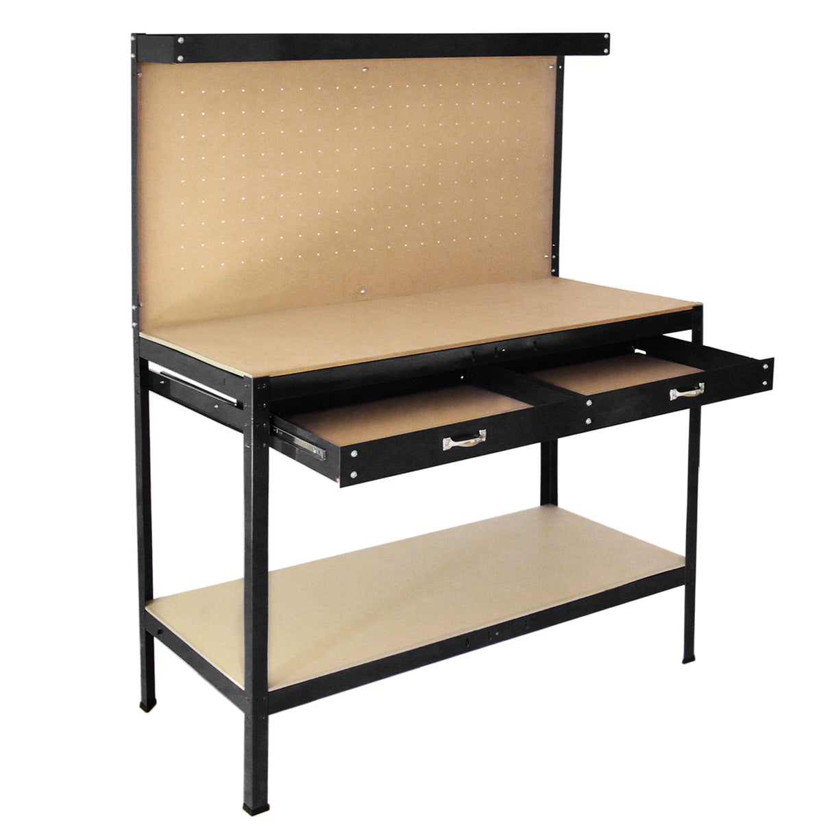 Établi de travail en acier noir avec deux tiroirs, panneau perforé en arrière-plan, surface de travail en bois clair et finition lisse
