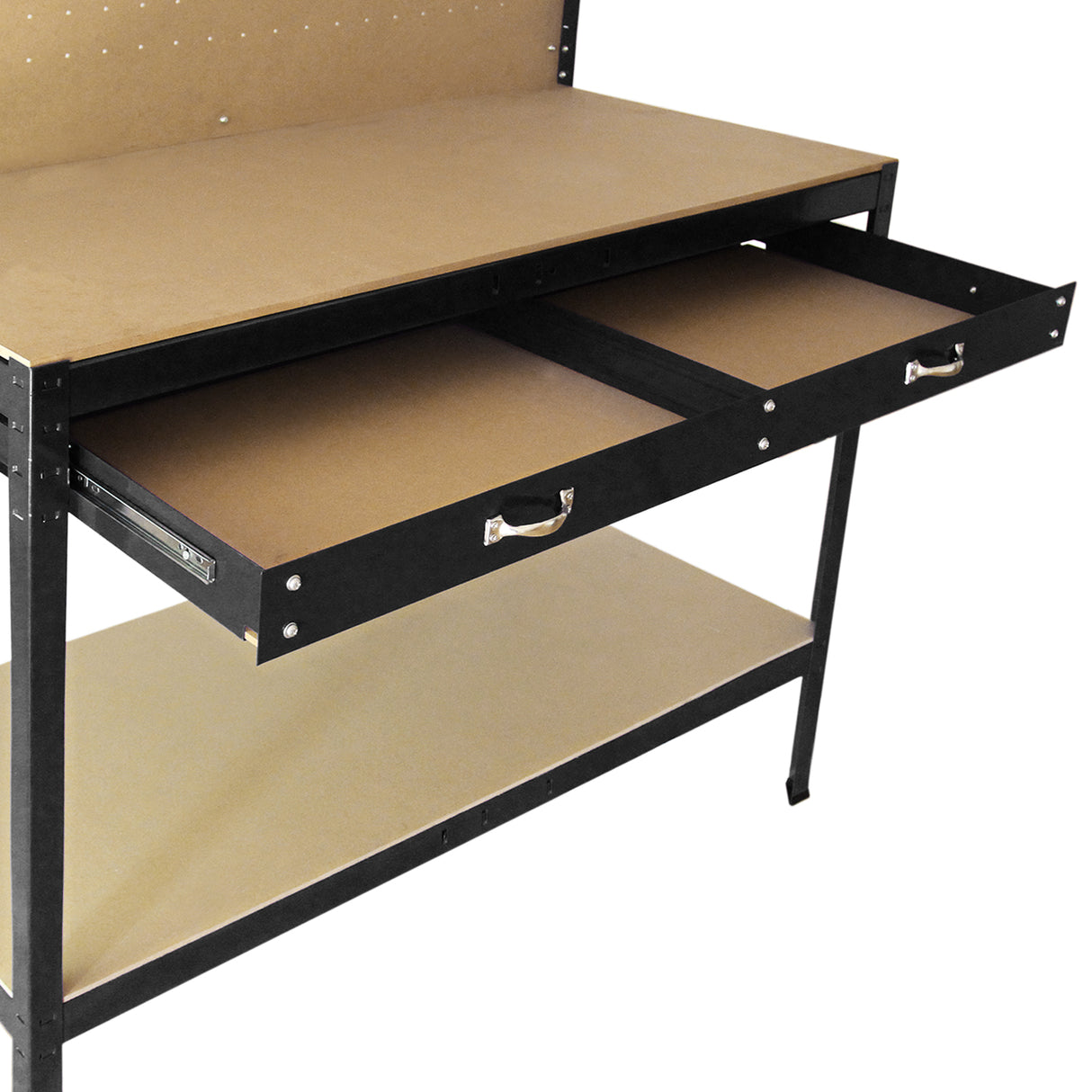 Établi de travail en acier noir avec deux tiroirs en bois et un panneau perforé, offrant un espace de rangement pratique et fonctionnel