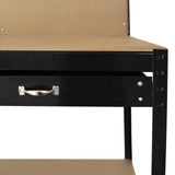 Établi de travail en acier noir avec tiroir en métal, panneau perforé en arrière-plan, surface lisse et robuste, design fonctionnel