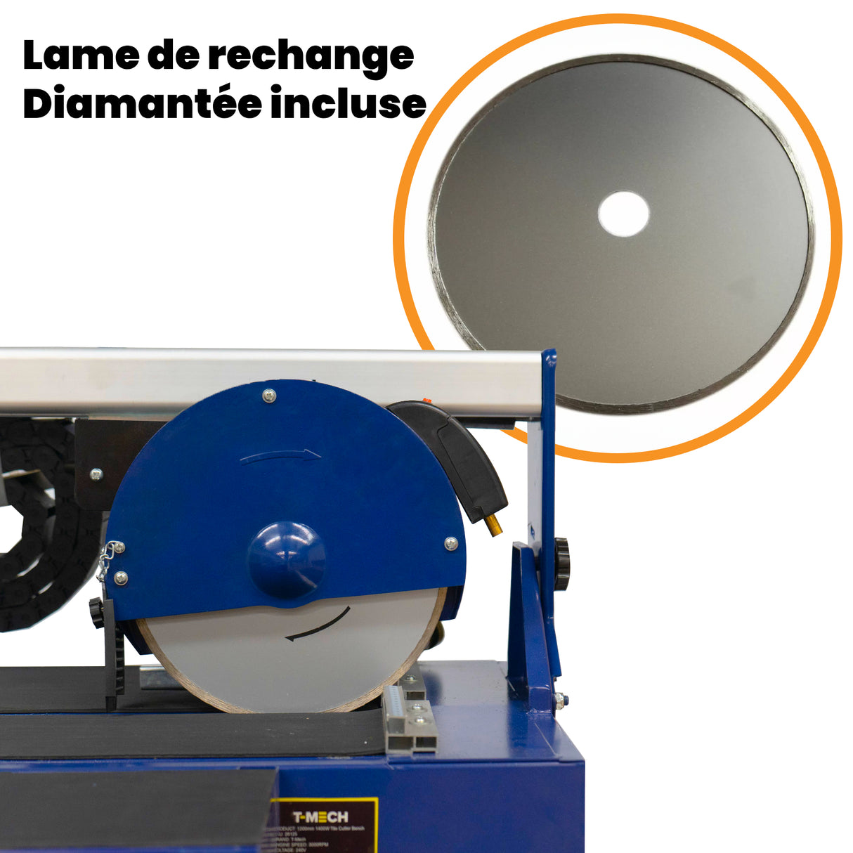 Scie de carrelage sur table avec lame diamantée incluse, couleur bleue, surface métallique lisse et design compact pour un usage pratique