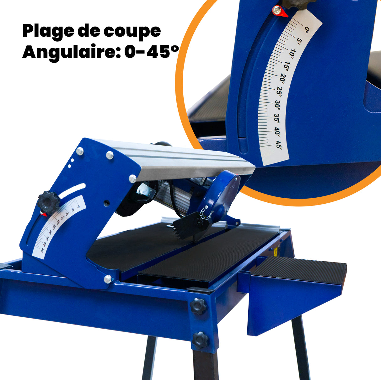 Scie de carrelage sur table avec un plateau bleu, échelle angulaire de 0 à 45°, et surface de coupe noire lisse et robuste