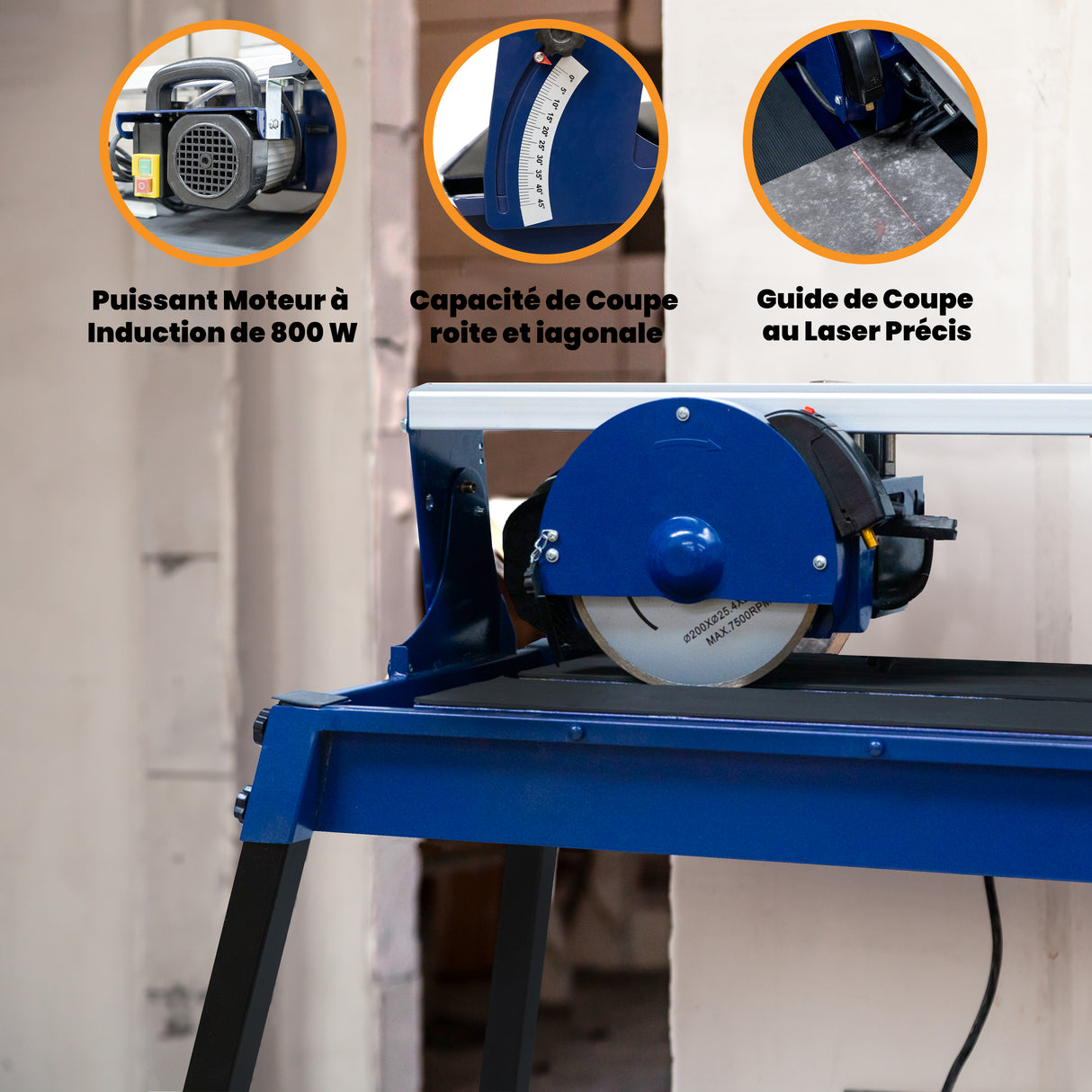 Scie de carrelage sur table avec moteur bleu de 800 W, guide de coupe au laser et capacité de coupe droite et diagonale