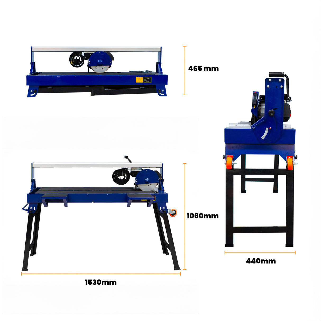 Scie de carrelage sur table, couleur bleue, avec moteur puissant de 1200 W, dimensions de 1530 mm x 1060 mm, conçue pour des coupes précises