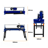 Scie de carrelage sur table, couleur bleue, avec moteur puissant de 1200 W, dimensions de 1530 mm x 1060 mm, conçue pour des coupes précises
