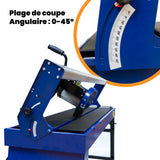 Scie de carrelage sur table bleue avec plage de coupe angulaire de 0 à 45°, équipée d'un moteur puissant de 1200 W
