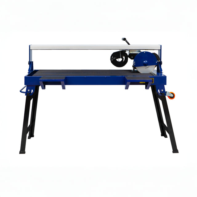 Scie de carrelage sur table de 1200 mm, avec un moteur puissant de 1400 W, finition bleue, structure robuste et pieds en métal noir