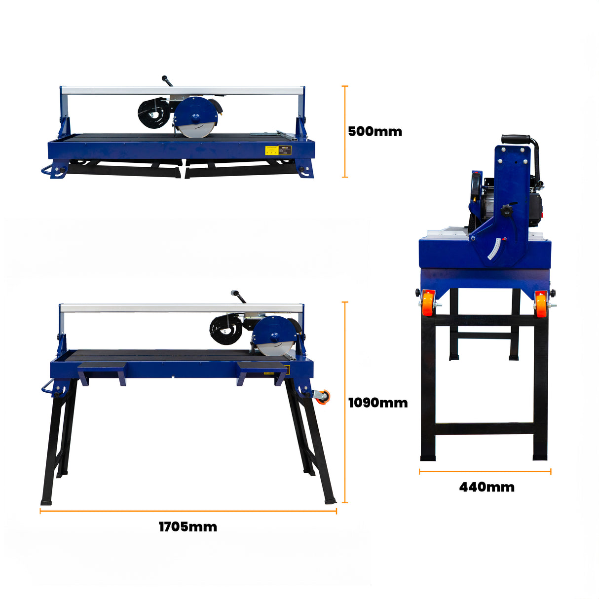 Scie de carrelage sur table bleue, 1200 mm, avec moteur puissant de 1400 W, affichant des dimensions et une structure robustes pour un usage professionnel