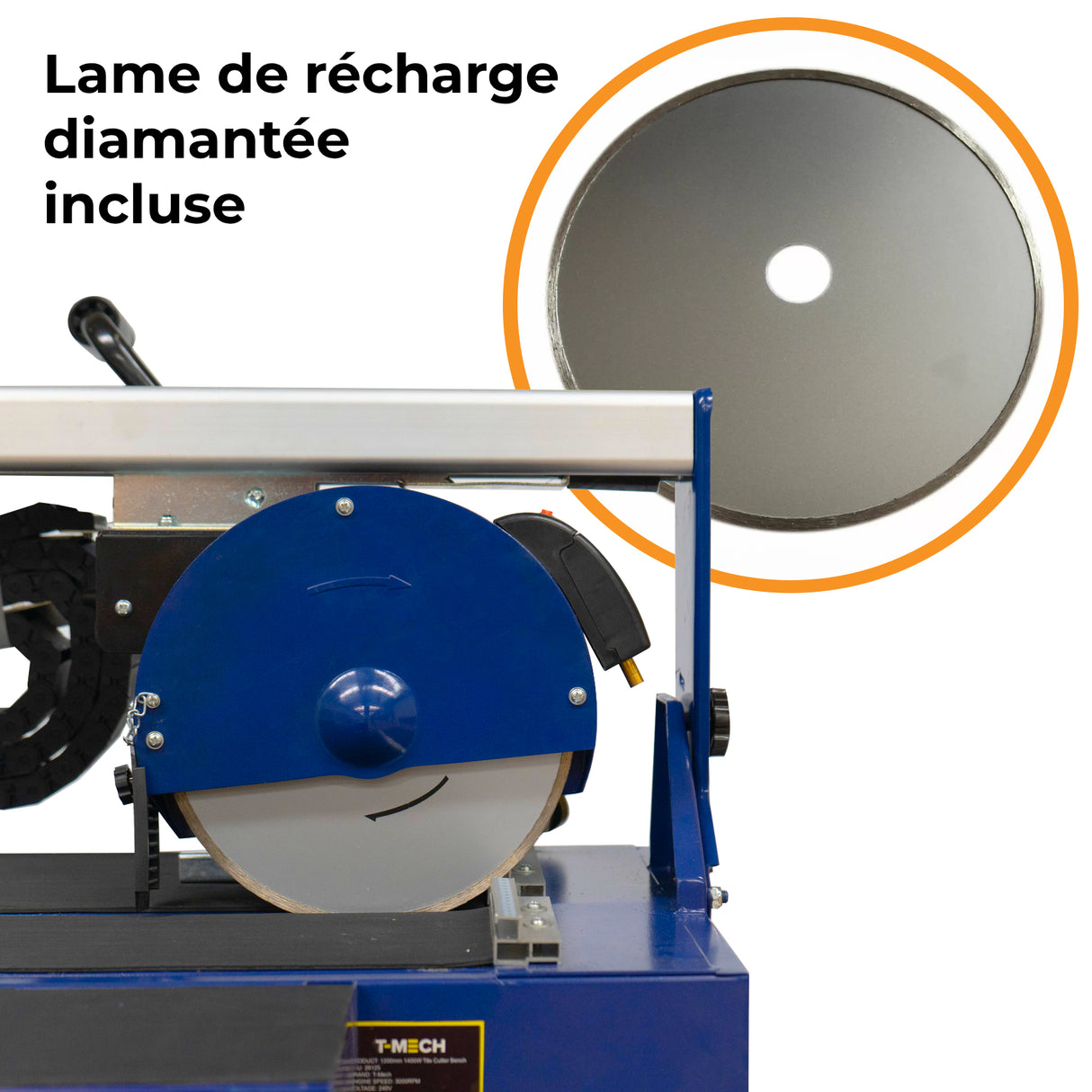 Scie de carrelage sur table avec lame diamantée, couleur bleue, moteur puissant de 1400 W, conçue pour des coupes précises et nettes