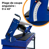 Scie de carrelage sur table, couleur bleue, avec un moteur puissant de 1400 W et un angle de coupe réglable de 0 à 45°