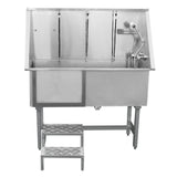 Baignoire de toilettage en inox, finition brillante, avec robinet, trois tuyaux suspendus et marchepied en métal antidérapant