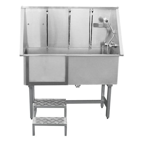 Baignoire de toilettage en inox, finition brillante, avec robinet, trois tuyaux suspendus et marchepied en métal antidérapant