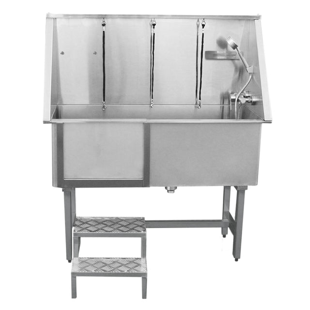 Baignoire de toilettage en inox, finition brillante, avec robinet, trois tuyaux suspendus et marchepied en métal antidérapant
