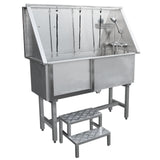 Baignoire de toilettage en inox, finition brillante, avec robinet, deux compartiments et escaliers antidérapants en métal