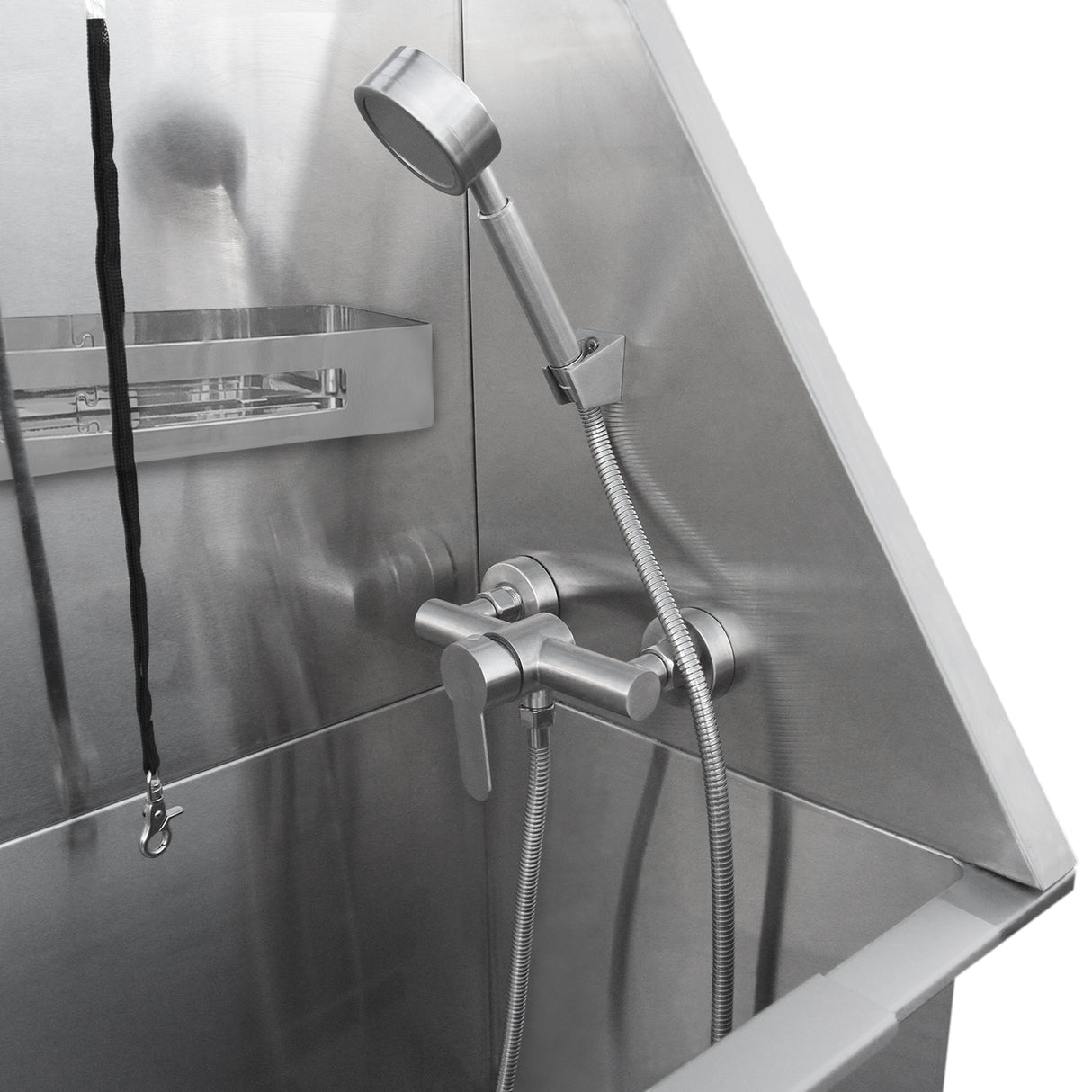 Baignoire de toilettage en inox avec robinetterie moderne, douchette ergonomique et finition brillante, idéale pour le toilettage des animaux