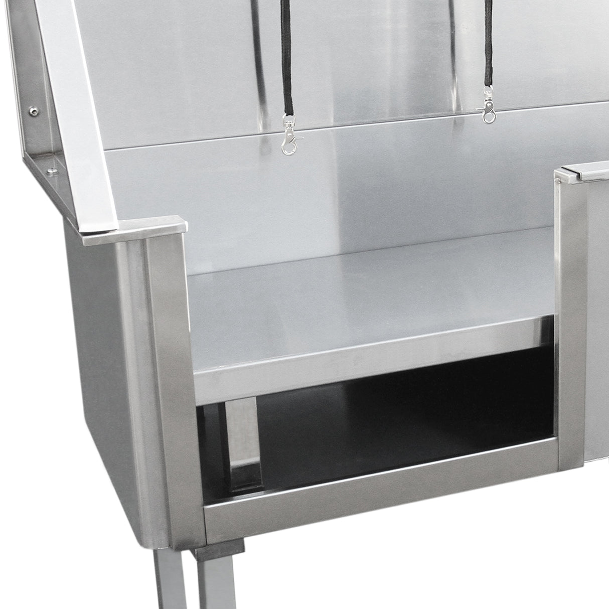 Baignoire de toilettage en inox, finition brillante, avec un espace de rangement en dessous et des attaches pour maintenir l'animal en place