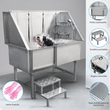 Baignoire de toilettage en inox, avec porte coulissante, échelle, et accessoires, idéale pour le toilettage des animaux