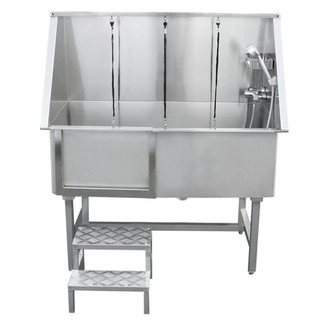 Baignoire de toilettage en inox, 670 mm, avec trois supports de lavage, surface lisse et finition brillante, équipée d'un robinet et d'escaliers en métal antidérapant