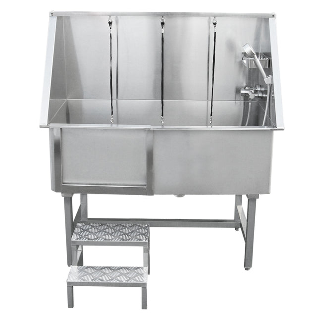 Baignoire de toilettage en inox, 670 mm, avec trois supports de lavage, surface lisse et finition brillante, équipée d'un robinet et d'escaliers en métal antidérapant