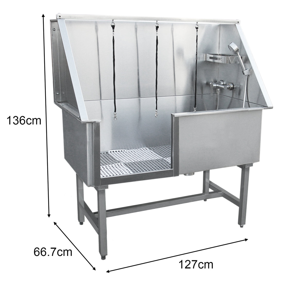 Baignoire de toilettage en inox, 670 mm, avec trois supports, robinet, et grille antidérapante, finition brillante et résistante