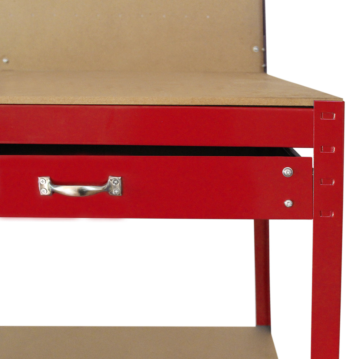 Établi de travail en acier rouge, avec un tiroir en métal et un panneau perforé, surface lisse et robuste, idéal pour l'atelier
