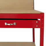 Établi de travail en acier rouge, avec un tiroir en métal et un panneau perforé, surface lisse et robuste, idéal pour l'atelier