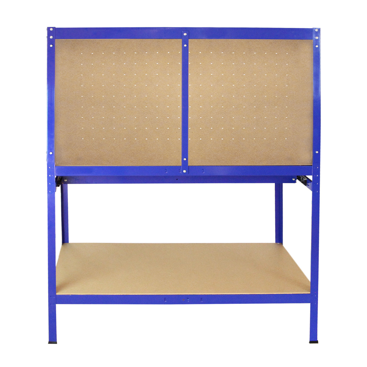 Établi de travail en acier bleu avec panneau perforé et surface de rangement en bois, idéal pour l'atelier ou le garage
