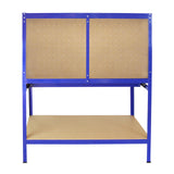 Établi de travail en acier bleu avec panneau perforé et surface de rangement en bois, idéal pour l'atelier ou le garage