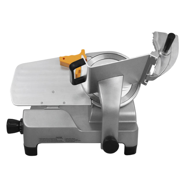 Trancheuse de viande KuKoo en acier inoxydable, 25 cm, avec plateau argenté, poignée noire et détails orange, idéale pour trancher finement