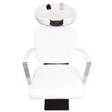 Fauteuil de coiffure blanc avec lavabo intégré, design moderne, accoudoirs en métal, rembourrage confortable et surface lisse