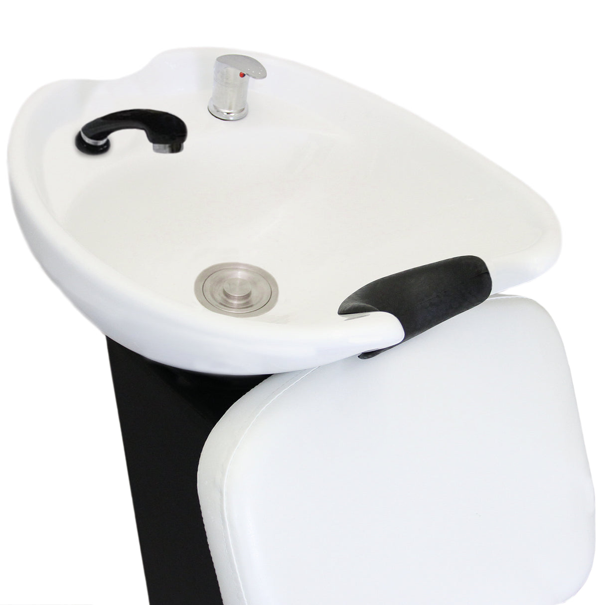 Fauteuil de salon de coiffure blanc avec lavabo intégré, design ergonomique, surface lisse et finitions noires élégantes