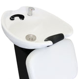 Fauteuil de salon de coiffure blanc avec lavabo intégré, design ergonomique, surface lisse et finitions noires élégantes