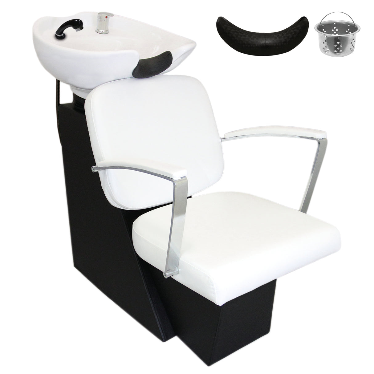 Fauteuil de salon de coiffure blanc avec lavabo intégré, accoudoirs en métal, assise rembourrée et base noire élégante