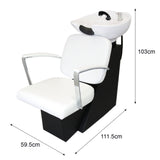 Fauteuil de salon de coiffure blanc avec lavabo, accoudoirs en métal, design moderne et élégant, dimensions 59,5 cm x 111,5 cm x 103 cm