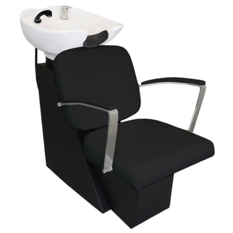 Fauteuil de salon de coiffure noir avec lavabo blanc, accoudoirs en métal, rembourrage confortable et design moderne élégant