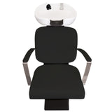 Fauteuil de salon de coiffure noir avec lavabo blanc, design moderne, accoudoirs en métal, rembourrage confortable et élégant