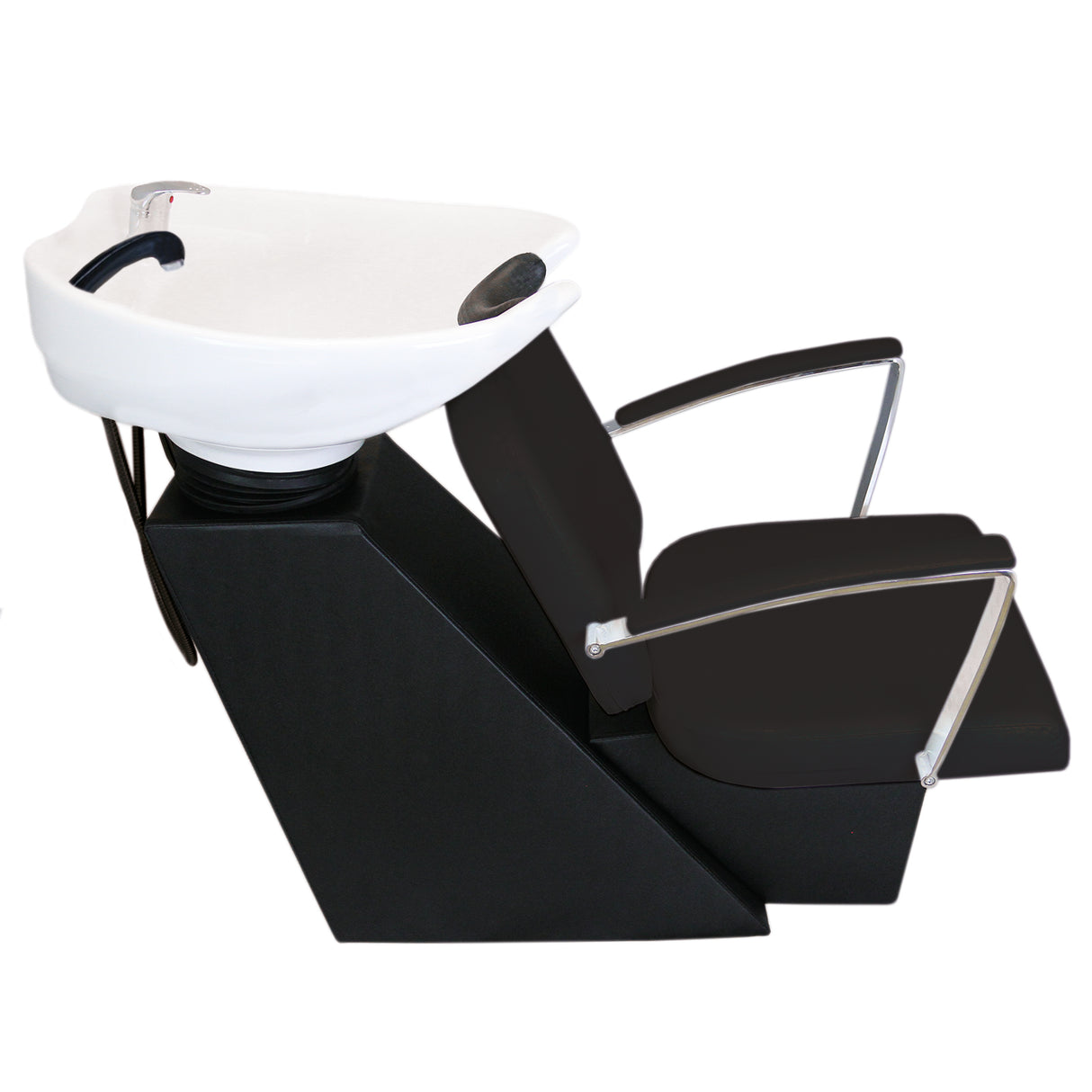 Fauteuil de salon de coiffure noir avec lavabo blanc, design moderne, accoudoirs en métal, surface lisse et confortable