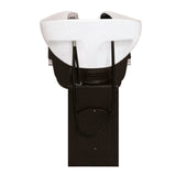 Fauteuil de salon de coiffure noir avec lavabo blanc, design moderne, surface lisse, idéal pour un espace de coiffure élégant